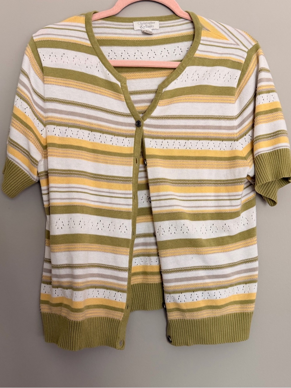 Christopher & Banks Olive, Yellow & Cream Striped Short-Sleeve Cardigan